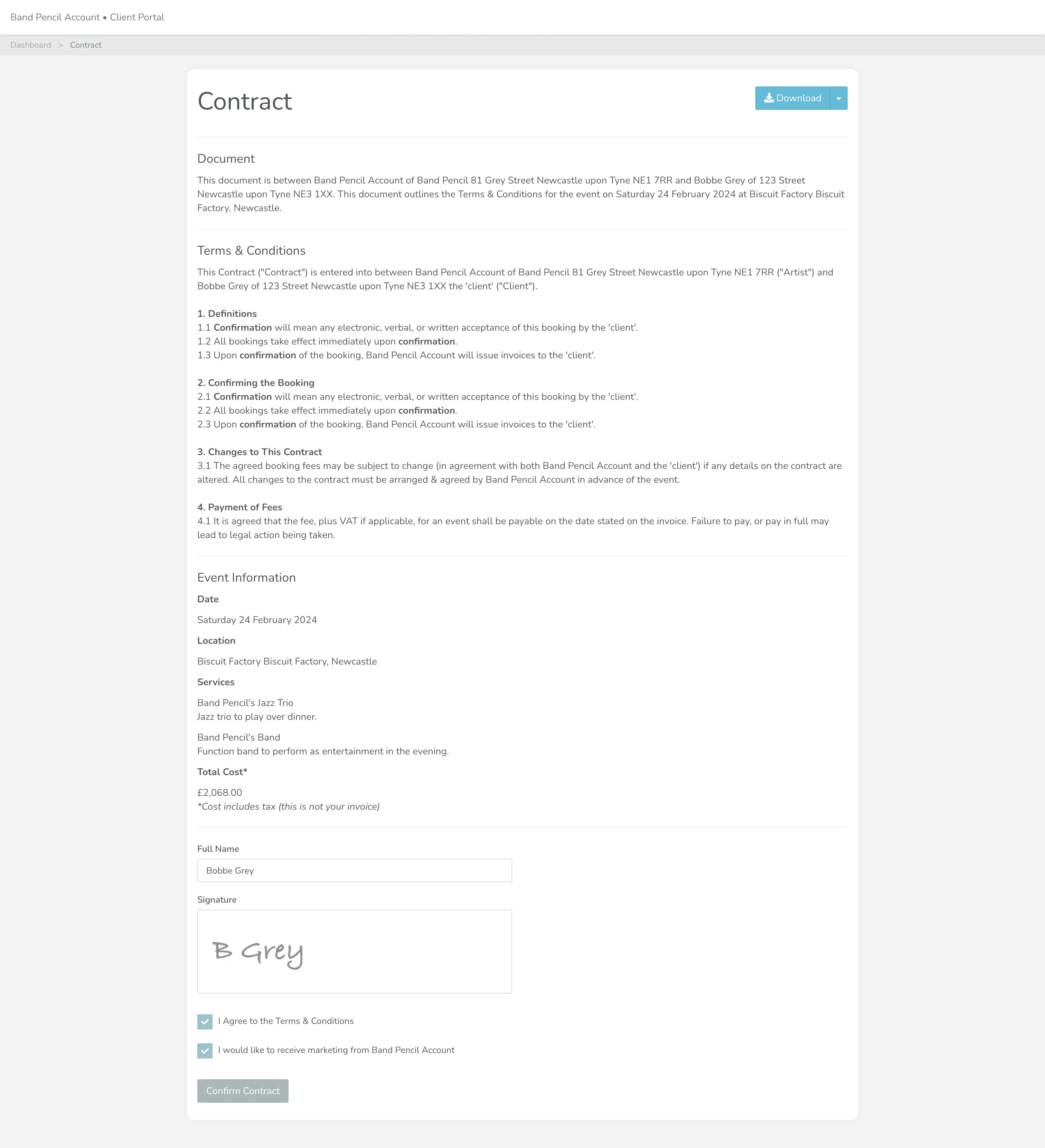 Online event contracts in Band Pencil