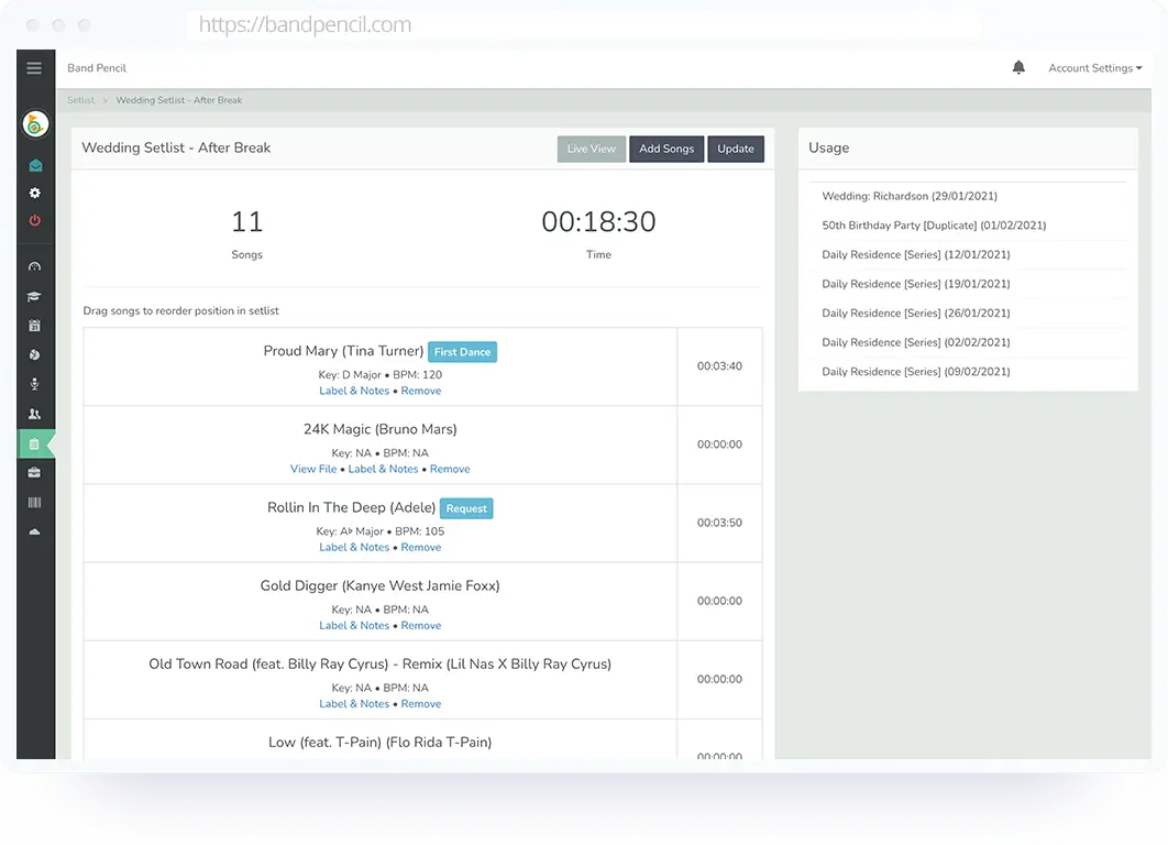 Build your setlist from your song library.